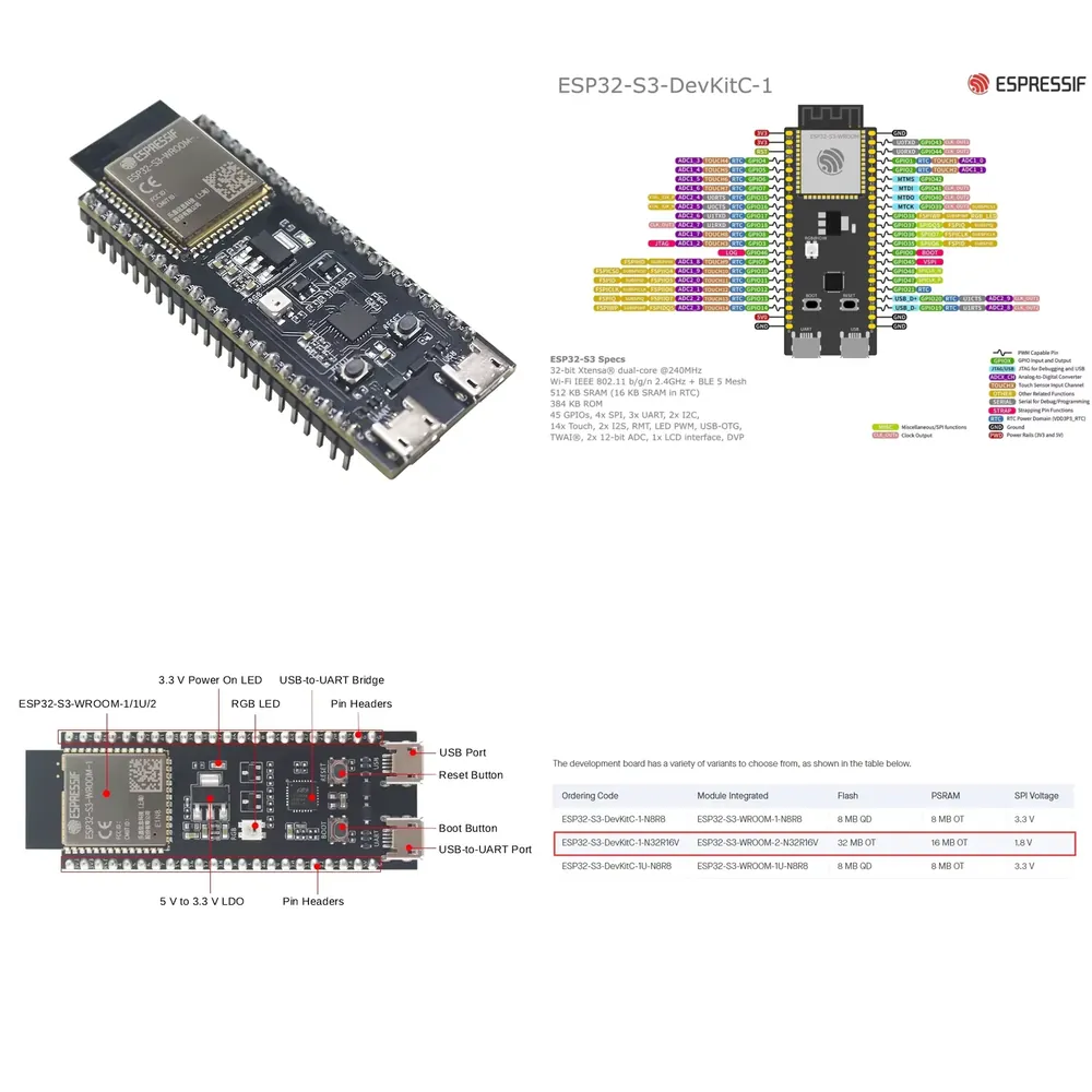 Esp32 - บอร์ดพัฒนา Espressif ESP32-S3-DevKitC-1 พร้อมโมดูล ESP32-S3-WROOM-2-N32R16V
