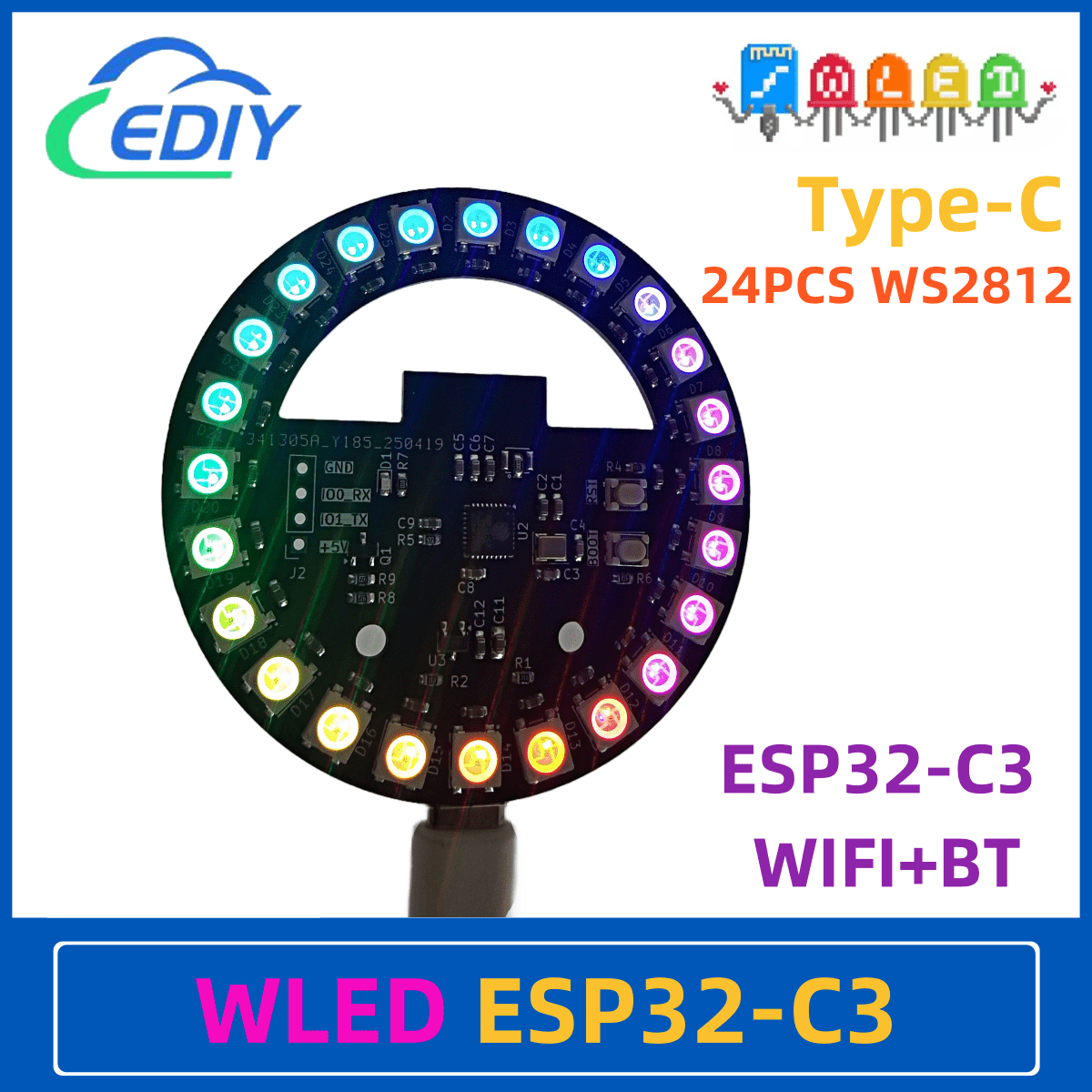 Esp32 C3 - WLED ESP32-C3 บอร์ดพัฒนาวงกลมแสงสีสัน WS2812B วงกลมบรรยากาศ Light